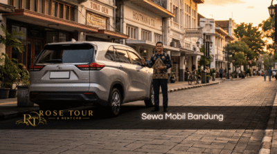 Supir Rose Tour & Rent Car berseragam batik siap melayani sewa mobil Bandung dengan mobil silver di Jalan Braga saat golden hour.