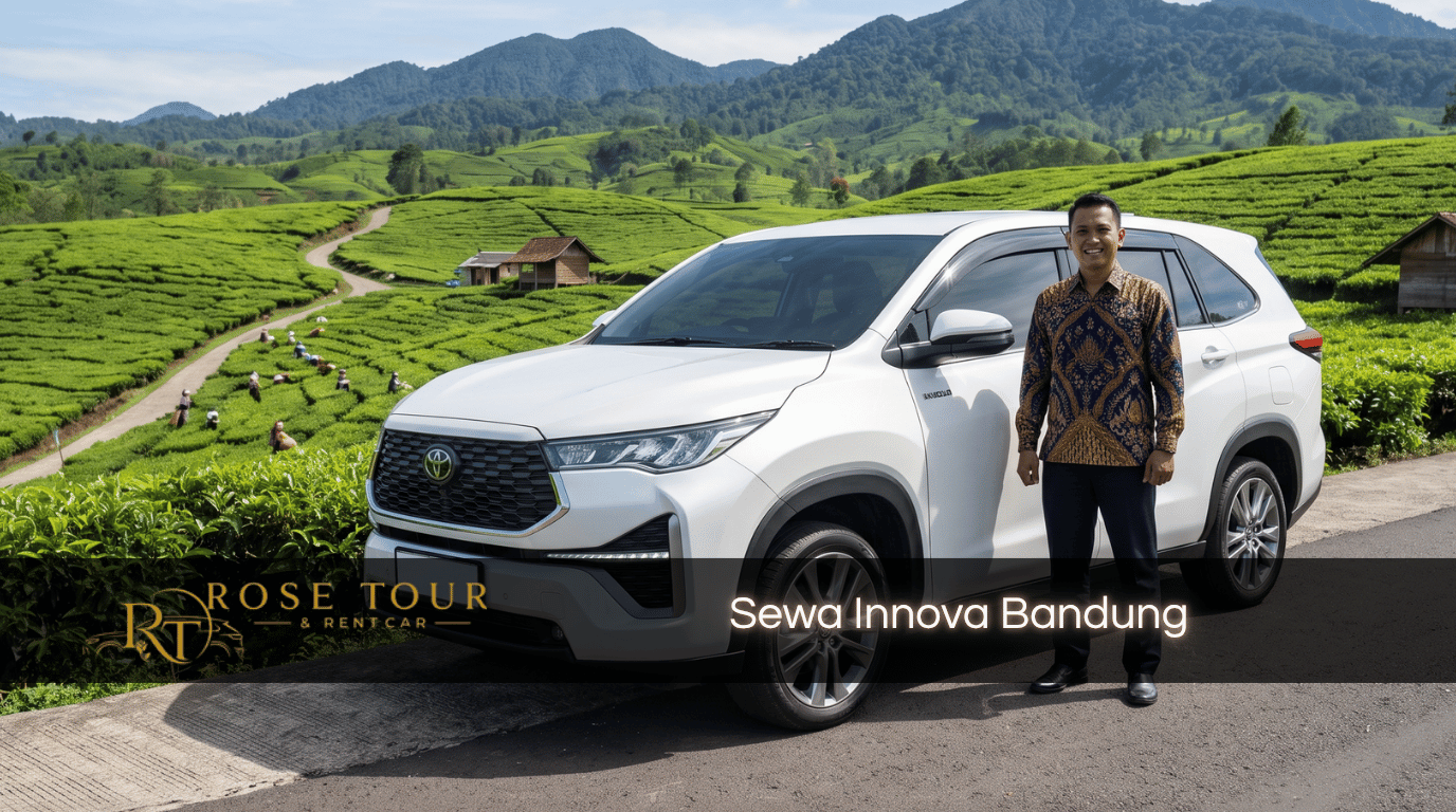Supir Rose Tour & Rent Car berseragam batik siap melayani sewa Innova Bandung dengan mobil putih di perkebunan teh Bandung.